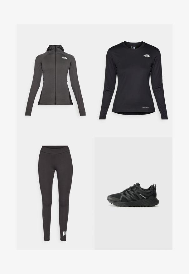 Jachetă sport neagră cu fermoar complet, glugă și un design texturat. Prezintă buzunare laterale cu fermoar și panouri negre în contrast pe laterale.; The North Face SHADOW LONG SLEEVE - Bluză cu mânecă lungă - black; Colanți negri dintr-un material elastic, cu un talie înaltă și un logo alb imprimat pe piciorul din stânga jos. Textură netedă.; Columbia PEAKFREAK - Pantofi drumeție - black