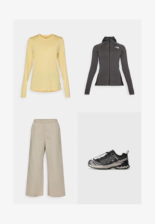 Černá sportovní bunda s plným zipem, kapucí a texturovaným designem. Má boční zipové kapsy a kontrastní černé panely po stranách.; Dlouhý rukáv košile v světle žluté barvě, vyrobená z měkké látky. Obsahuje kulatý výstřih a jemný detail loga na hrudi. Hladká textura.; Široké kalhoty z lehké béžové tkaniny s elastickým páskem, hladkým povrchem a bez viditelného kovového zapínání nebo vzorů.; Černá a šedá sportovní obuv s síťovaným svrchem, gumovou podrážkou a elastickým šněrovacím systémem. Obsahuje zesílenou špičku a texturované akcenty.