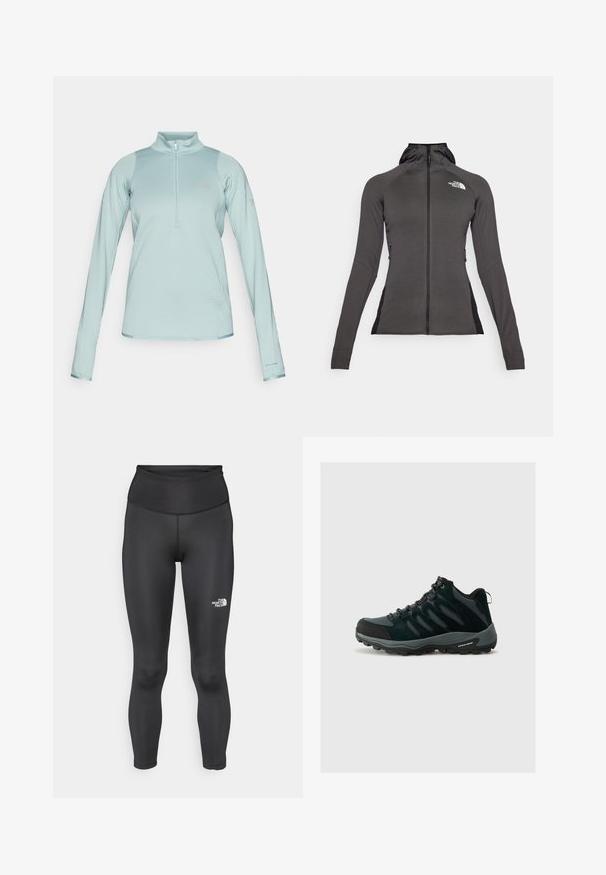 Melna sporta jaka ar pilnu rāvējslēdzēju, kapuci un strukturētu dizainu. Iespējas ietver sānu kabatas ar rāvējslēdzējiem un kontrastējošas melnas paneļus sānos.; Gaiši zils garo piedurknu džemperis ar pusē zipsu priekšā, fakturēta auduma, gludi akcenti un "Columbia" logo uz krūtīm un piedurknes.; Augstas jostas melnas legingi, kas izgatavoti no gludas, elastīgas auduma. Satur logotipu uz apakšējās kājas un ir pieguļošā garuma līdz potītei.; Columbia REDMOND - Pārgājienu apavi - black/citron haze
