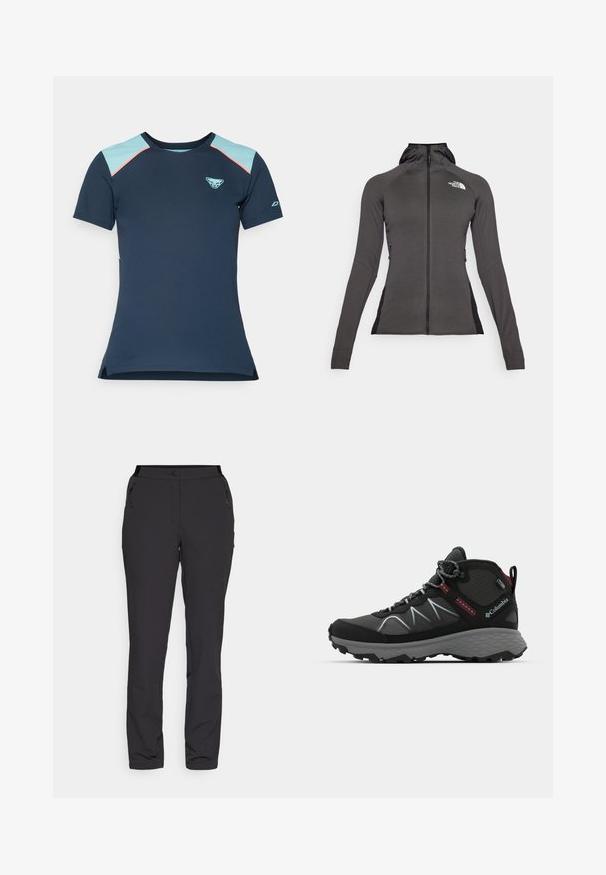 Juodas sportinis džemperis su pilnu užtrauktuku, gobtuvu ir tekstūruota struktūra. Yra šoninės kišenės su užtrauktuku ir kontrastingi juodi vertikalūs intarpai šonuose.; Jūrinės tamsiai mėlynos spalvos sportinė marškinė su šviesiai mėlynais akcentais ant pečių, trumpomis rankovėmis ir logotipu ant krūtinės. Lengvas, drėgmę sugeriantis audinys.; Juodi lauko kelnes, pagamintos iš lengvos medžiagos, turi tiesius kelnių kirpimus, užtrauktukais uždaromas šonines kišenes ir reguliuojamą juosmenį.; Columbia PEAKFREAK RUSH - Turistiniai batai - dark grey/deep madeira