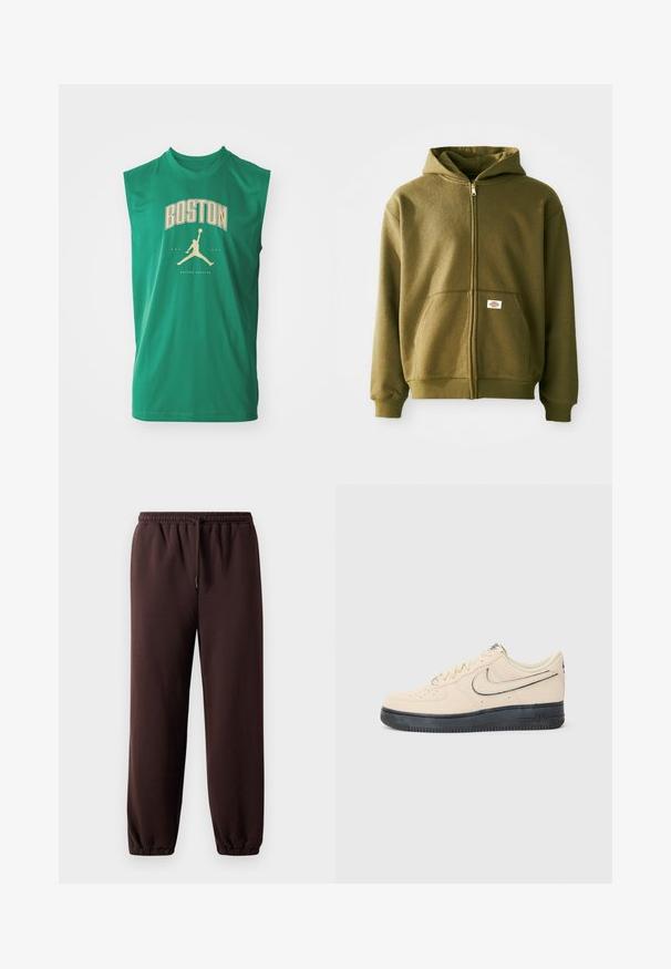 Olive green zip-up hoodie with a soft texture, front pockets, and ribbed cuffs. Features a logo patch on the lower pocket area.; Green sleeveless athletic shirt featuring "BOSTON" in gold with a basketball silhouette logo. Smooth fabric with a relaxed fit.; Brown jogger pants with a drawstring waist, elastic cuffs, and smooth cotton material. Features a relaxed fit and minimal design.; Beige suede Nike Air Force 1 sneaker with a black rubber sole, stitched accents, perforated toe, and a prominent swoosh logo.