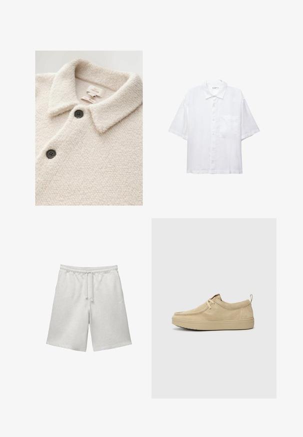 Cremfarbener Fleece-Jacke mit kragenförmigem Ausschnitt, ausgestattet mit zwei schwarzen Knöpfen und einer weichen, strukturierten Oberfläche. Mit dem Aufdruck "NEXT SIGNATURE".; Weißes Kurzarmhemd mit Knopfleiste, Kragen und einer Brusttasche. Aus leichtem Stoff mit glatter Textur gefertigt.; Helle graue Baumwollshorts mit elastischem Bund und Kordelzug. Sie verfügen über eine lockere Passform und ein schlichtes Design ohne zusätzliche Muster oder Akzente.; Beige Wildlederschlupfschuhe mit runder Spitze, minimaler Nahtführung und Gummisohle. Weicher Stoff mit einem dezenten Markenakzent an der Ferse.