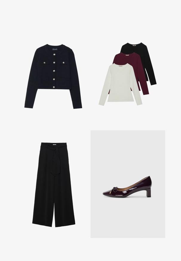 Marineblå kort cardigan med lange ermer, rund hals, fire lommer og sølvfargede knapper foran. Myk strikket tekstur.; Langermede t-skjorter i hvit, burgunder og svart. Laget av myk stoff med rund hals og tettsittende design. Egnet for lag-på-lag-styling.; Svart vide bukser med teksturert stoff, elastisk midje og avtagbart belte som gir justerbar passform.; Pump-hælsko i glansfyldt bordeaux patentlæder med spids tå, der har en sløjfe-detalje og en blokhæl-design.