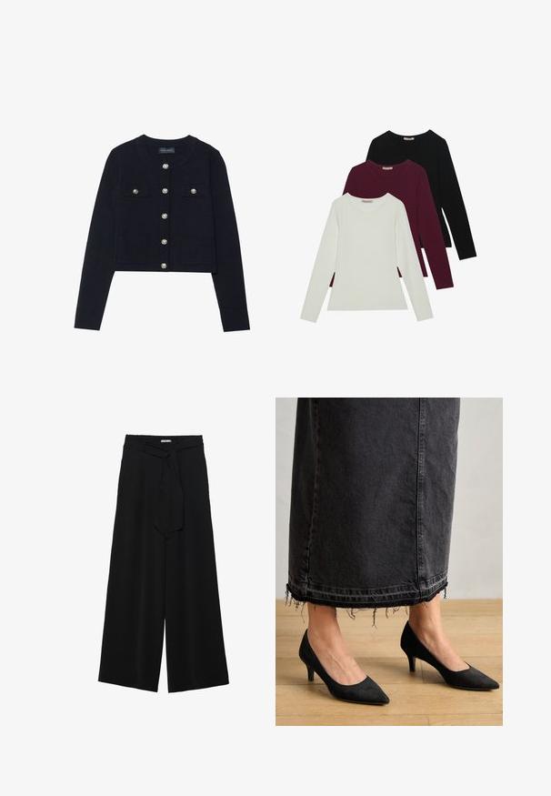 Cardigan cropped navy, cu mâneci lungi, decolteu rotund, patru buzunare și închideri cu butoane argintii pe față. Textură moale, tricotată.; Tricouri cu mânecă lungă în alb, burgundy și negru. Realizate dintr-un material moale, cu un guler rotund și un design ajustat. Potrivite pentru straturi.; Pantaloni largi negri dintr-un material texturat, cu un tiv elastic și o panglică detașabilă la talie pentru un fit ajustabil.; PANTOFI DIN SEMPRE NEGRU CU VÂRF ASCUȚIT ȘI TOC DE 7,5 CM, ASORTAȚI CU O FUSTĂ LUNGĂ DIN DENIM ÎNTUNECAT, CU DETALE DE JARANGĂ LA MARGINE.