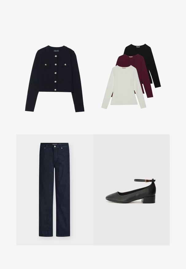 Navy cropped cardigan with long sleeves, round neckline, four pockets, and silver button closures down the front. Soft knitted texture.; Long-sleeve t-shirts in white, burgundy, and black. Made of soft fabric with a round neckline and fitted design. Suitable for layering.; Dark blue denim jeans with a straight leg design, featuring five pockets, orange stitching, a front zipper, and a metal button closure.; Black leather pump with a pointed toe and a low block heel. Features an ankle strap with a gold-tone buckle. Smooth texture.