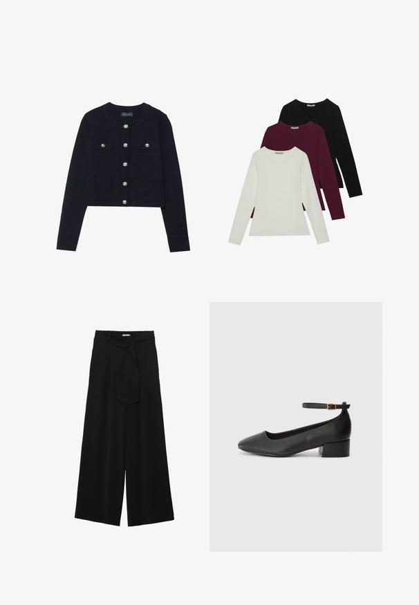 Cardigã curto azul-marinho com mangas longas, decote redondo, quatro bolsos e fechos de botão prateados na frente. Textura de malha suave.; T-shirts de manga longa nas cores branca, burgundy e preta. Feitos de um tecido suave com decote redondo e design ajustado. Adequados para sobreposições.; Calças largas pretas com um tecido texturizado, uma cintura elástica e um laço destacável na cintura para um ajuste ajustável.; Sandal de pele preta com bico pontiagudo e um salto bloco baixo. Apresenta uma tira no tornozelo com uma fivela em tom dourado. Textura suave.
