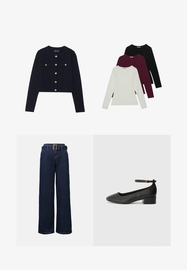 Mornarica kratki kardigan s dugim rukavima, okruglim izrezom, četiri džepa i srebrnim dugmadi za zatvaranje sprijeda. Mekana pletena tekstura.; Majice s dugim rukavima u bijeloj, burgundijskoj i crnoj boji. Izrađene od mekog materijala, s okruglim izrezom i prilagođenim krojem. Pogodne za slojevito odijevanje.; Tamno plave široke traperice s ušivenim džepovima i odgovarajućim remenom sa velikom pravokutnom zlatnom kopčom.; Crne kožne pumpe s oštrim vrhom i niskom blok petom. Sadrže remen oko gležnja s zlatnim kopčanjem. Glatka tekstura.