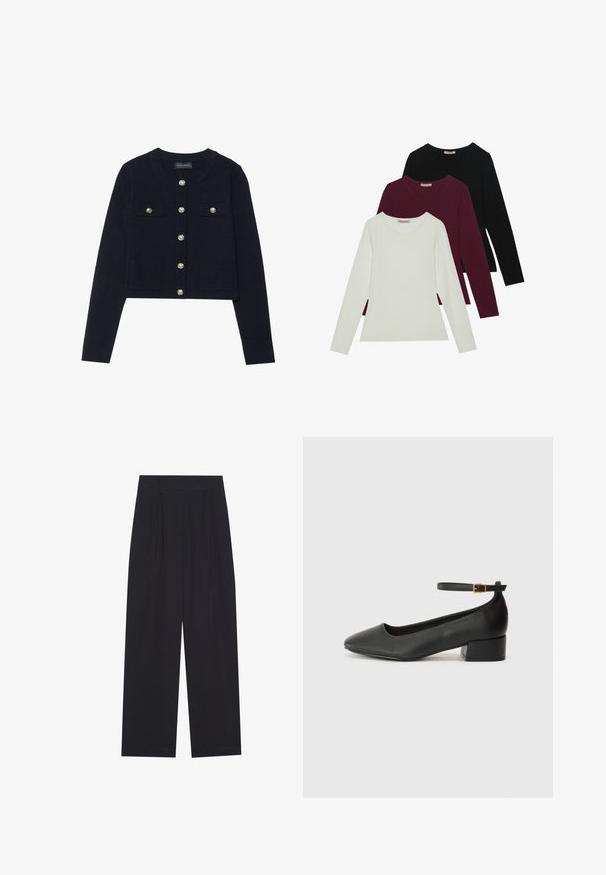 Tamsiai mėlynas trumpas kardiganas su ilgomis rankovėmis, apvaliu iškirpimu, keturiomis kišenėmis ir sidabro spalvos mygtukais priekyje. Minkšta megztinė tekstūra.; Ilgomis rankovėmis marškiniai baltos, bordo ir juodos spalvos. Pagaminti iš minkštos medžiagos, su apvaliu iškirpimu ir prigludusia forma. Tinka sluoksniavimui.; Juodos plačios kojos kelnės, pagamintos iš glotnaus audinio, su klostėmis, lygia juosmens juosta ir be matomų kišenių ar papuošimų.; Juodas odinis aukštakulnis batelis su smailiu pirštu ir žemu bloku. Su kulkšnies dirželiu su auksinės spalvos sagtimi. Lygus paviršius.