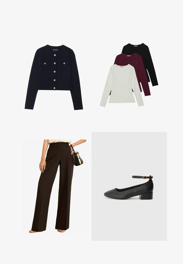 Jūras spēku krāsas īsā džemperis ar garām piedurknēm, apaļu kakla izgriezumu, četriem kabatām un sudraba pogām, kas aizver priekšpusi. Mīksta adīta struktūra.; Garās piedurknes T-krekli baltā, bordo un melnā krāsā. Izgatavoti no mīkstas auduma ar apaļu kakla izgriezumu un pieguļošu dizainu. Piemēroti kā slāņošana.; Plati staro bikses tumši brūnā audumā, ar augstu jostasvietu, pielāgotu dizainu un gludu tekstūru. Apvienotas ar mazu rokassomu.; Melnas ādas sūkņi ar smailu purngalu un zemu bloku papēdi. Iezīmēts ar potītes siksniņu ar zelta krāsas sprādzi. Gluda tekstūra.