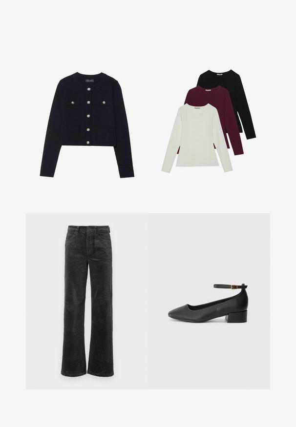Cardigan court navy à manches longues, col rond, avec quatre poches et fermetures à boutons argentés sur le devant. Texture tricotée douce.; T-shirts à manches longues en blanc, bordeaux et noir. Fabriqués en tissu doux avec un col rond et un design ajusté. Idéaux pour le superposition.; Pantalons en velours côtelé noir avec jambes larges, dotés de poches avant et d'une fermeture à bouton, texture douce avec un motif en relief.; Escarpin en cuir noir avec un bout pointu et un petit talon bloc. Doté d'une bride de cheville avec une boucle dorée. Texture lisse.