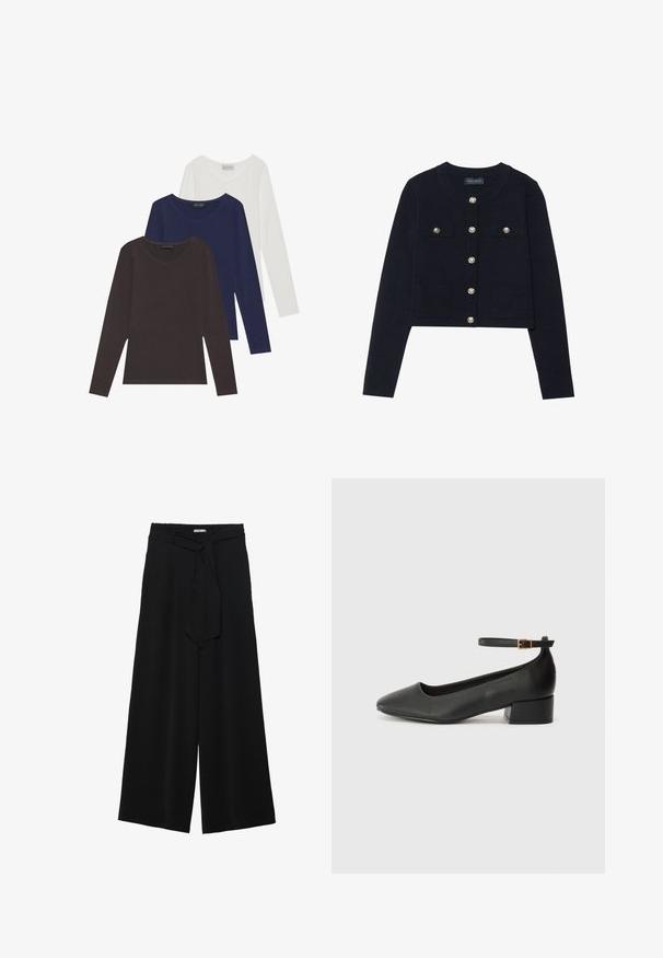 Mornarica kratki kardigan s dugim rukavima, okruglim izrezom, četiri džepa i srebrnim dugmadi za zatvaranje sprijeda. Mekana pletena tekstura.; Set od tri majice dugih rukava u smešnoj, mornarskoj i beloj boji, sa V izrezima i izrađene od mekanog pamučnog materijala.; Crne široke hlače od teksturirane tkanine, s elastičnom pojasom i odvojivim remenom na struku za prilagodivo pristajanje.; Crne kožne pumpe s oštrim vrhom i niskom blok petom. Sadrže remen oko gležnja s zlatnim kopčanjem. Glatka tekstura.
