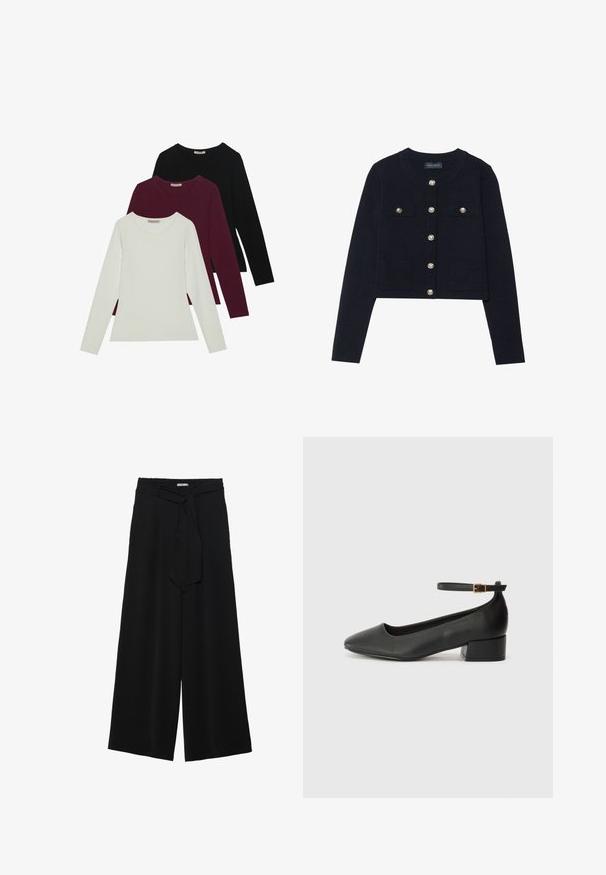 Námořnický zkrácený kardigan s dlouhými rukávy, kulatým výstřihem, čtyřmi kapsami a stříbrnými knoflíky po celé délce. Měkká pletená textura.; Dlouhé rukávy trička v bílé, burgundské a černé barvě. Vyrobeno z měkké tkaniny s kulatým výstřihem a přiléhavým střihem. Vhodné na vrstvení.; Černé kalhoty s širokými nohavicemi, vyrobené z texturované tkaniny, s elastickým pasem a odnímatelným páskem na úpravu velikosti.; Černé kožené lodičky s špičatou špičkou a nízkým blokovým podpatkem. Obsahují pásek kolem kotníku se zlatou sponou. Hladký povrch.