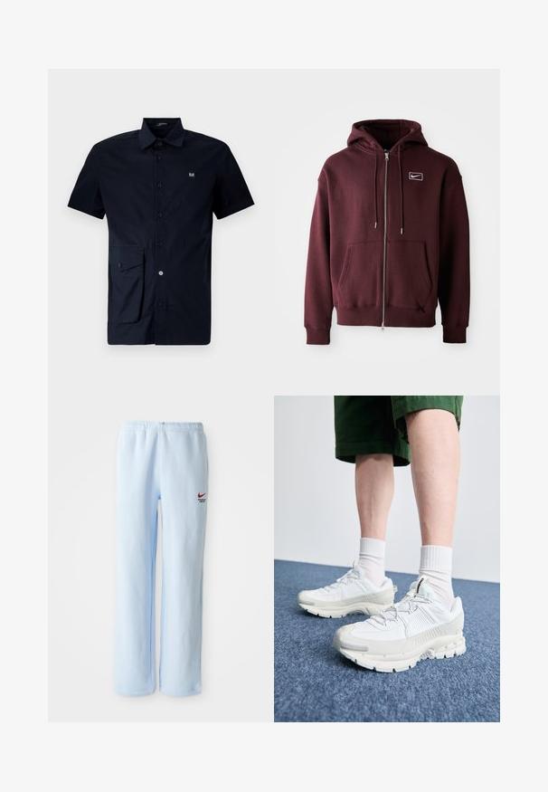 Burgunderfarbener Reißverschluss-Hoodie aus Baumwollmischung, mit einer Fronttasche, Kordelzugkapuze und einem kleinen weißen Logo auf der Brust.; Kurzarmp-Shirt in Navy mit Knopfleiste aus Baumwolle, ausgestattet mit einer aufgesetzten Tasche auf der linken Seite und einem kleinen Logo-Patch auf der Brust.; Hellblaue Sweatpants mit einem elastischen Bund, ausgestattet mit einem kleinen roten Nike-Logo und dem Text "Athletic Department". Aus weichem Baumwollmaterial.; Weiße Sportschuhe mit strukturierten Überzügen, einer dicken Sohle und grauen Akzenten. Tragen mit weißen Crew-Socken und grünen Shorts auf einer blauen Oberfläche.