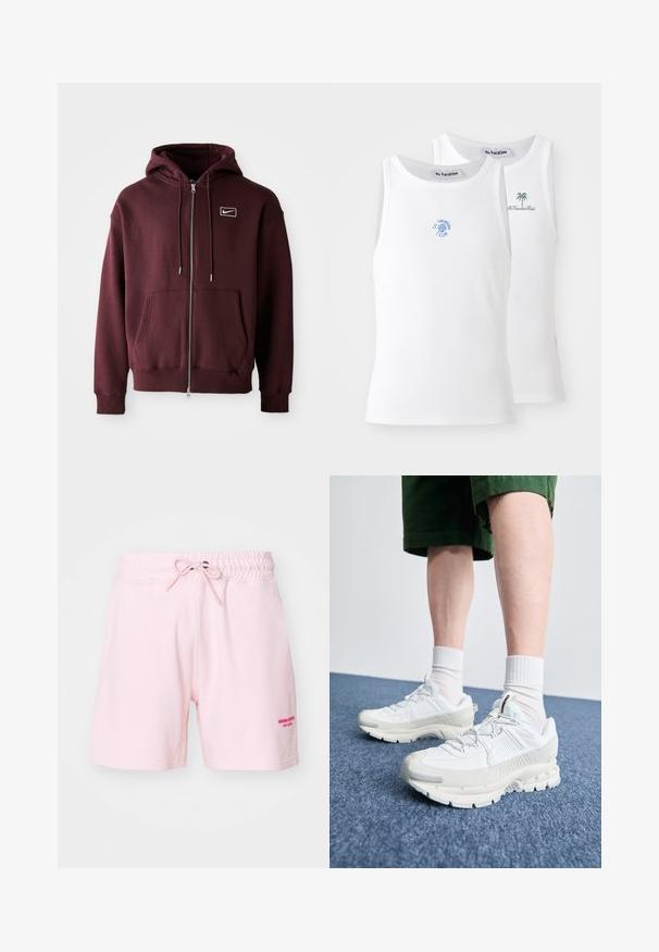 Burgunderfarbener Reißverschluss-Hoodie aus Baumwollmischung, mit einer Fronttasche, Kordelzugkapuze und einem kleinen weißen Logo auf der Brust.; Zwei weiße Tanktops mit Rippstricktextur, die blaue und grüne gestickte Logos aufweisen. Eines hat ein Sonnendesign, das andere eine Palme.; Helle rosa Baumwollshorts mit elastischem Bund und Kordelzug. Verfügt über gestickten Text in dunklerem Rosa auf der rechten Vorderseite.; Weiße Sportschuhe mit strukturierten Überzügen, einer dicken Sohle und grauen Akzenten. Tragen mit weißen Crew-Socken und grünen Shorts auf einer blauen Oberfläche.