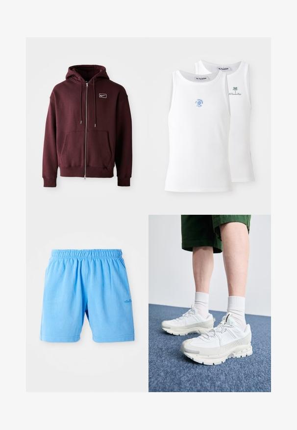 Bordo užtraukiama džemperis, pagamintas iš medvilnės mišinio, su priekinia kišene, reguliuojamu gobtuvu ir mažuoju baltu logotipu ant krūtinės.; Du du baltos maikutės, su briaunotu tekstūru, puošiančios mėlynus ir žalius siuvinėtus logotipus. Viena turi saulės dizainą, kita - palmių.; Šviesiai mėlyni medvilniniai šortai su elastingu juosmeniu, sukurti laisvam prigludimui. Yra dvigubai siuvinėtos kraštinės ir mažas logotipo akcentas.; Baltos sportinės bateliai su tekstūruotais uždengimais, masyviu padu ir pilkais akcentais. Dėvimi su baltais trumpais kojiniais ir žaliais šortais mėlyname paviršiuje.