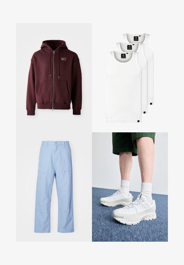 Hoodie zippé bordeaux en mélange de coton, avec une poche avant, un capuchon à cordon de serrage et un petit logo blanc sur la poitrine.; Trois débardeurs blancs côtelés en coton. Présentent un col rond et de petites étiquettes noires près de l'ourlet. Disponibles en plusieurs tailles.; Pantalon en lin bleu clair avec une coupe décontractée, muni de poches plaquées et de détails de coutures visibles. Le tissu a un aspect doux et texturé.; Des chaussures de sport blanches avec des superpositions texturées, une semelle épaisse et des accents gris. Portées avec des chaussettes blanches et des shorts verts sur une surface bleue.