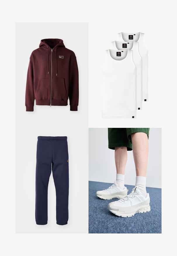 Maroon zip-up hoodie made of cotton blend, featuring a front pocket, drawstring hood, and a small white logo on the chest.; Three white ribbed tank tops made of cotton. Features a crew neck and small black labels near the hem. Available in multiple sizes.; Navy blue sweatpants with an elastic waistband, ribbed cuffs, and a small logo detail on the left side. Made from soft, stretchy fabric.; White athletic shoes with textured overlays, a chunky sole, and gray accents. Worn with white crew socks and green shorts on a blue surface.