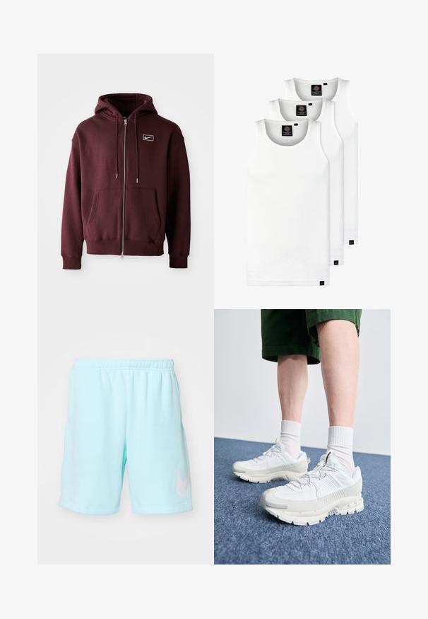 Bordo krāsas kapučino džemperis ar rāvējslēdzēju, izgatavots no kokvilnas maisījuma, ar priekšējo kabatu, regulējamu kapuci un mazu balto logotipu uz krūšu daļas.; Trīs baltas ribotas krūšturi, kas izgatavoti no kokvilnas. Iezīmēti ar apaļu kakla izgriezumu un maziem melniem etiķetēm tuvu apakšmalai. Pieejami vairākos izmēros.; Gaiši zili Nike šorti ar elastīgu jostu, sānu kabatām un baltu logotipu uz kreisā kājas. Gluda auduma struktūra.; Baltas sporta apavi ar teksturētām detaļām, masīvu zoli un pelēkiem akcentiem. Valkāti ar baltiem zeķu pēdu apģērbiem un zaļām šortiem uz zilas virsmas.