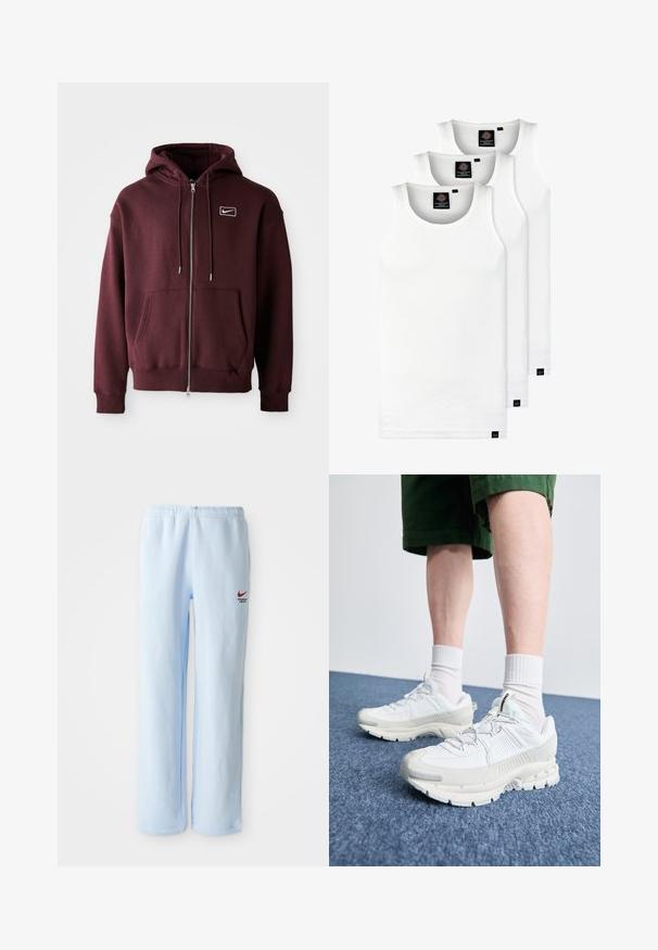 Bordo krāsas kapučino džemperis ar rāvējslēdzēju, izgatavots no kokvilnas maisījuma, ar priekšējo kabatu, regulējamu kapuci un mazu balto logotipu uz krūšu daļas.; Trīs baltas ribotas krūšturi, kas izgatavoti no kokvilnas. Iezīmēti ar apaļu kakla izgriezumu un maziem melniem etiķetēm tuvu apakšmalai. Pieejami vairākos izmēros.; Gaiši zili treniņbikses ar elastīgu jostasvietu, uz kurām ir neliels sarkans Nike logo un teksts "Sporta nodaļa". Mīksts kokvilnas audums.; Baltas sporta apavi ar teksturētām detaļām, masīvu zoli un pelēkiem akcentiem. Valkāti ar baltiem zeķu pēdu apģērbiem un zaļām šortiem uz zilas virsmas.