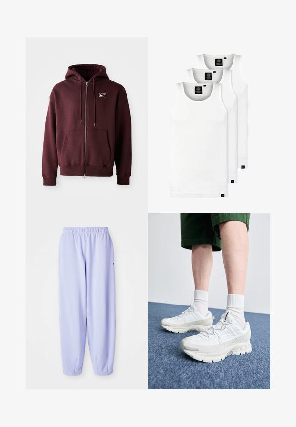 Bordo užtraukiama džemperis, pagamintas iš medvilnės mišinio, su priekinia kišene, reguliuojamu gobtuvu ir mažuoju baltu logotipu ant krūtinės.; Trys balti, dryžuoti marškiniai be rankovių, pagaminti iš medvilnės. Yra apvalus kaklas ir maži juodi etiketės netoli siūlės. Siūlomi įvairių dydžių.; Šviesiai violetinės treningo kelnės su elastingu juosmeniu, siaurėjančiomis kojomis ir raukšlėtomis rankovėmis. Pagamintos iš švelnios, kvėpuojančios medžiagos.; Baltos sportinės bateliai su tekstūruotais uždengimais, masyviu padu ir pilkais akcentais. Dėvimi su baltais trumpais kojiniais ir žaliais šortais mėlyname paviršiuje.