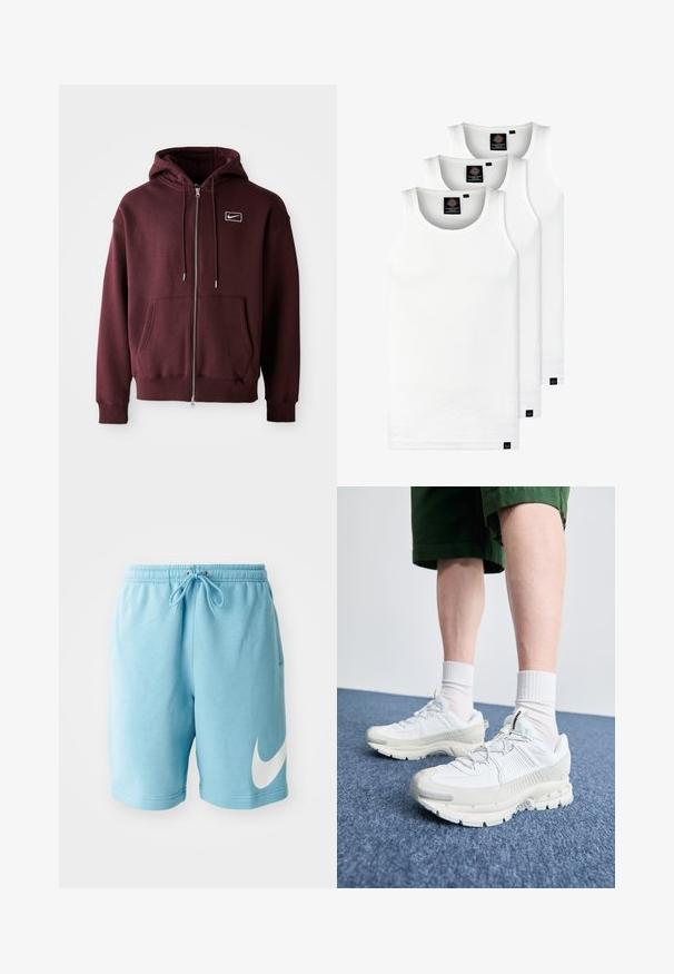 Bordo krāsas kapučino džemperis ar rāvējslēdzēju, izgatavots no kokvilnas maisījuma, ar priekšējo kabatu, regulējamu kapuci un mazu balto logotipu uz krūšu daļas.; Trīs baltas ribotas krūšturi, kas izgatavoti no kokvilnas. Iezīmēti ar apaļu kakla izgriezumu un maziem melniem etiķetēm tuvu apakšmalai. Pieejami vairākos izmēros.; Gaiši zili Nike šorti, izgatavoti no mīkstas auduma; tiem ir elastīgs josta ar auklu un liels balts logo kreisajā kājā.; Baltas sporta apavi ar teksturētām detaļām, masīvu zoli un pelēkiem akcentiem. Valkāti ar baltiem zeķu pēdu apģērbiem un zaļām šortiem uz zilas virsmas.