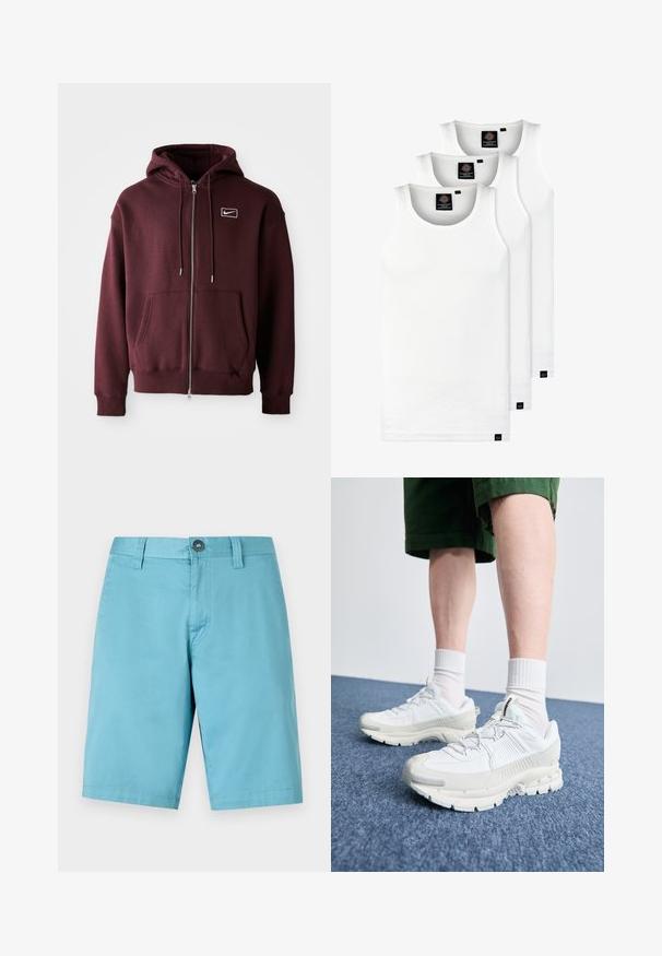 Burgunderfarbener Reißverschluss-Hoodie aus Baumwollmischung, mit einer Fronttasche, Kordelzugkapuze und einem kleinen weißen Logo auf der Brust.; Drei weiße, gerippte Tanktops aus Baumwolle. Merkmale einen Rundhalsausschnitt und kleine schwarze Etiketten am Saum. In mehreren Größen erhältlich.; Helle blaue Shorts aus glattem Stoff. Mit Knopfverschluss und Gürtelschlaufen, mit einem geraden Schnitt, der bis zum Knie reicht.; Weiße Sportschuhe mit strukturierten Überzügen, einer dicken Sohle und grauen Akzenten. Tragen mit weißen Crew-Socken und grünen Shorts auf einer blauen Oberfläche.