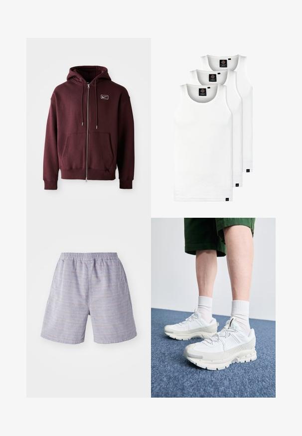 Maroon zip-up hoodie made of cotton blend, featuring a front pocket, drawstring hood, and a small white logo on the chest.; Three white ribbed tank tops made of cotton. Features a crew neck and small black labels near the hem. Available in multiple sizes.; Light blue striped shorts with an elastic waistband, made from a soft fabric. Features side pockets and a relaxed fit, ideal for casual wear.; White athletic shoes with textured overlays, a chunky sole, and gray accents. Worn with white crew socks and green shorts on a blue surface.