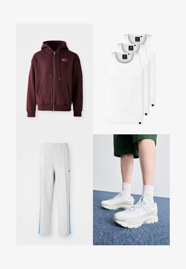 Sudadera con cremallera de color burdeos, hecha de una mezcla de algodón, que cuenta con un bolsillo frontal, capucha con cordón y un pequeño logo blanco en el pecho.; Tres camisetas sin mangas de algodón de color blanco con canalé. Cuentan con cuello redondo y pequeñas etiquetas negras cerca del dobladillo. Disponibles en múltiples tamaños.; Pantalones deportivos de color gris claro con franjas laterales azules, que cuentan con un ajuste relajado, cinturilla elástica y bolsillos con cremallera. Logo de Nike en la parte frontal.; Zapatillas deportivas blancas con superposiciones texturizadas, una suela gruesa y acentos grises. Llevadas con calcetines blancos hasta la pantorrilla y pantalones cortos verdes sobre una superficie azul.