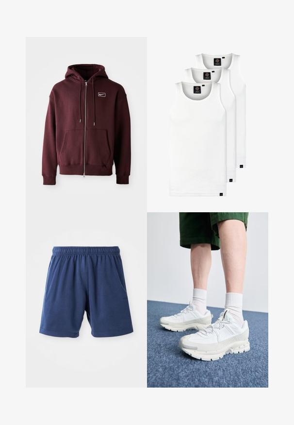 Bordo užtraukiama džemperis, pagamintas iš medvilnės mišinio, su priekinia kišene, reguliuojamu gobtuvu ir mažuoju baltu logotipu ant krūtinės.; Trys balti, dryžuoti marškiniai be rankovių, pagaminti iš medvilnės. Yra apvalus kaklas ir maži juodi etiketės netoli siūlės. Siūlomi įvairių dydžių.; Tamsiai mėlynos šortai, pagaminti iš minkštos medvilnės mišinio, su elastinga juostos dalimi, šoninėmis kišenėmis ir tiesiu siluetu. Puikiai tinka kasdieniam dėvėjimui.; Baltos sportinės bateliai su tekstūruotais uždengimais, masyviu padu ir pilkais akcentais. Dėvimi su baltais trumpais kojiniais ir žaliais šortais mėlyname paviršiuje.