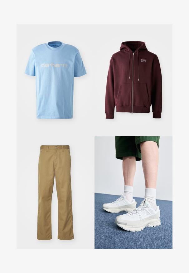 Bordová zipsová mikina vyrobená z bavlnenej zmesi, obsahujúca prednú kapsu, kapucňu so šnúrkami a malé biele logo na hrudi.; Svetlomodré bavlnené tričko s okrúhlym výstrihom a krátkymi rukávmi. Na hrudi je biely nápis "carhartt".; Khaki chino nohavice so rovnými nohavicami vyrobené z hladkej bavlnenej tkaniny. Majú predné zapínanie na gombík a bočné vrecká.; Biele športové topánky s textúrovanými prešívaniami, robustnou podrážkou a sivými akcentami. Nosené s bielymi ponožkami po členky a zelenými šortkami na modrom povrchu.