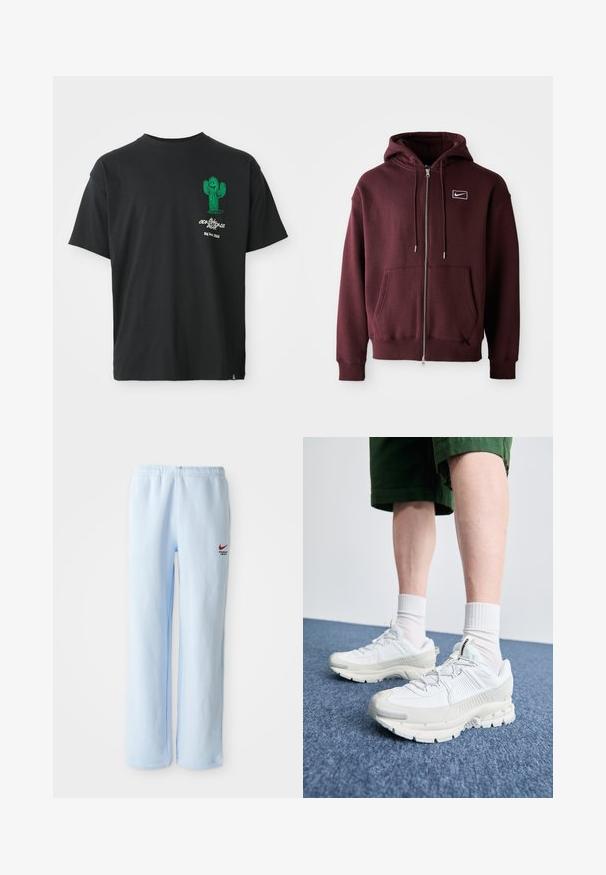 Bordo užtraukiama džemperis, pagamintas iš medvilnės mišinio, su priekinia kišene, reguliuojamu gobtuvu ir mažuoju baltu logotipu ant krūtinės.; Juodas trumpų rankovių marškinėlis su žaliu animaciniu kaktusu ir baltais užrašais "Conditions Gear Big Bend, Texas" kairėje krūtinės pusėje.; Šviesiai mėlynos sportinės kelnės su elastinga juosmeniu, su mažu raudonu Nike logotipu ir tekstu "Sporto departamentas". Minkšta medvilninė medžiaga.; Baltos sportinės bateliai su tekstūruotais uždengimais, masyviu padu ir pilkais akcentais. Dėvimi su baltais trumpais kojiniais ir žaliais šortais mėlyname paviršiuje.