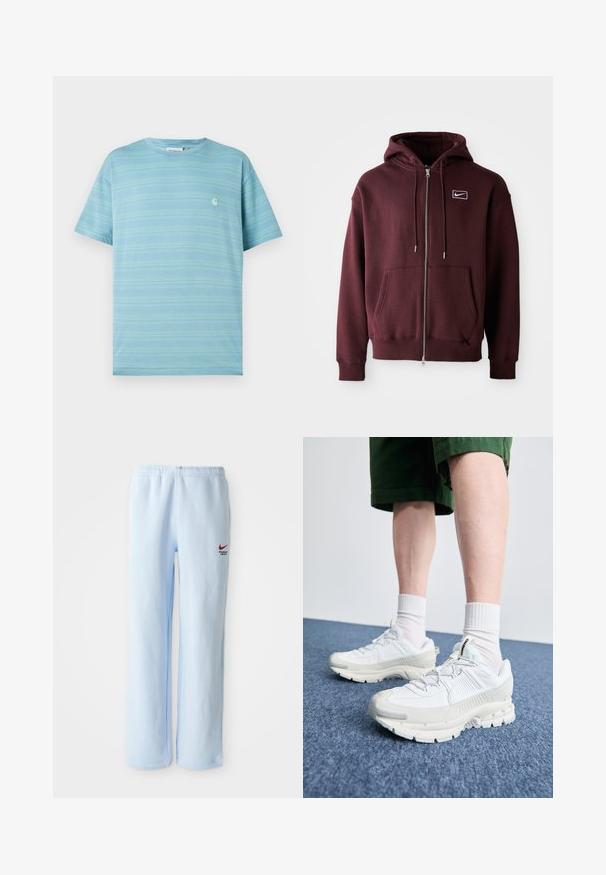 Bordeaux zip-up hoodie lavet af bomuldsblanding, med en frontlomme, snøre hætte og et lille hvidt logo på brystet.; Lyseblå kortærmet T-shirt med vandrette striber og et lille logo på brystet. Fremstillet af blødt stof med en afslappet pasform.; Lysblå joggebukser med elastisk talje, prydet med et lille rødt Nike-logo og teksten "Athletic Department". Blødt bomuldsstof.; Hvide atletiske sko med teksturerede overlays, en chunky sål og grå accenter. Båret med hvide ankelstrømper og grønne shorts på en blå overflade.