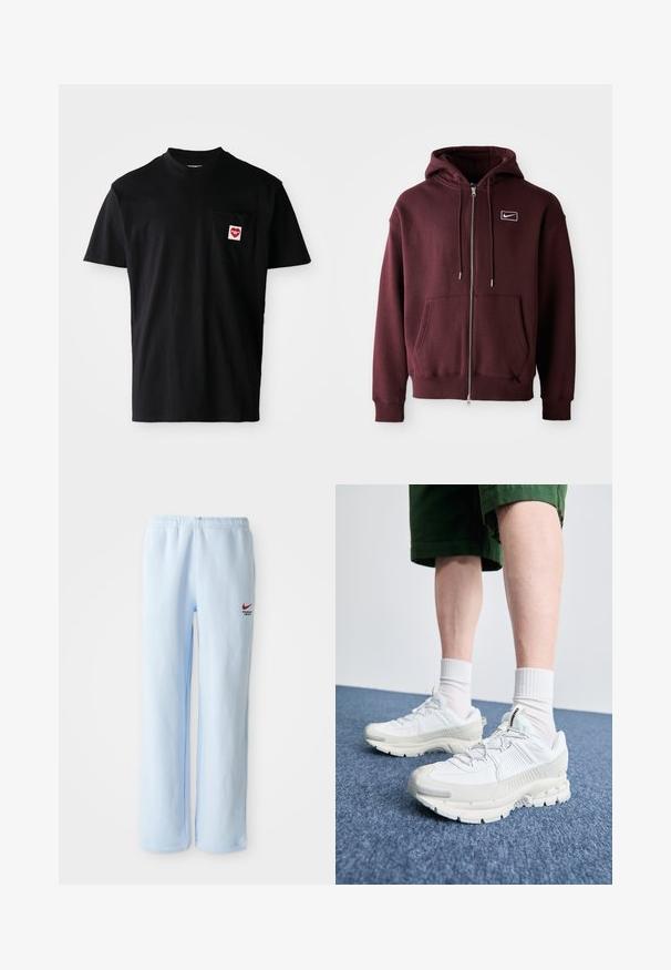 Bordová mikina na zip vyrobená z bavlněné směsi, s přední kapsou, stahovací kapucí a malým bílým logem na hrudi.; Černé bavlněné tričko s kulatým výstřihem, krátkými rukávy a kapsou na levé straně hrudi, na které je červená srdíčková nášivka s bílým textem.; Světle modré teplákové kalhoty s elastickým pasem, s malým červeným logem Nike a textem "Sportovní oddělení". Měkký bavlněný materiál.; Bílé sportovní boty s texturovanými překryvy, masivní podrážkou a šedými akcenty. Na nohou mají bílé ponožky a zelené šortky na modrém povrchu.
