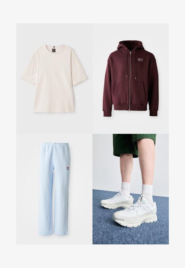 Felpa con zip color bordeaux realizzata in misto cotone, con tasca frontale, cappuccio con cordini e un piccolo logo bianco sul petto.; T-shirt beige chiaro realizzato in cotone morbido. Presenta un collo rotondo, maniche corte e una vestibilità rilassata con dettagli sulle cuciture laterali.; Pantaloni della tuta azzurri chiari con elastico in vita, caratterizzati da un piccolo logo rosso Nike e testo "Athletic Department". Materiale in morbido cotone.; Scarpe da ginnastica bianche con sovrapposizioni testurizzate, suola spessa e accenti grigi. Indossate con calze corte bianche e pantaloni corti verdi su una superficie blu.