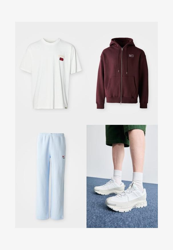 Bordová mikina na zip vyrobená z bavlněné směsi, s přední kapsou, stahovací kapucí a malým bílým logem na hrudi.; Bílý bavlněný tričko s krátkým rukávem, s malým vyšitým logem v červené a žluté barvě blízko levého prsu. Kolo výstřih a volný střih.; Světle modré teplákové kalhoty s elastickým pasem, s malým červeným logem Nike a textem "Sportovní oddělení". Měkký bavlněný materiál.; Bílé sportovní boty s texturovanými překryvy, masivní podrážkou a šedými akcenty. Na nohou mají bílé ponožky a zelené šortky na modrém povrchu.
