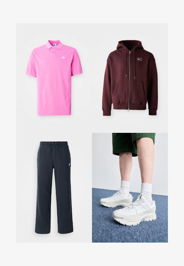 Bordo värvi tõmblukuga kapuutsiga sviiter, mis on valmistatud puuvillase segu materjalist. Tootel on eestasku, nööriga kapuuts ja rinnapeal väike valge logo.; Roosa Nike polo särk, lühikesed varrukad, klassikaline krae, kahe nupuga eest, valge logo vasakul rinnal. Pehme kangateksuur.; Tumedast meresinised dressipüksid elastse vöökoha ja nööriga. Valmistatud pehmest kangast, vasakul puusal väike valge logo.; Valged sportsijalatsid tekstuursete pealsete, kopsaka tallaga ja hallide aktsentidega. Kanda valgete lühikeste sokkidega ja roheliste lühikeste pükstega sinisel pinnal.