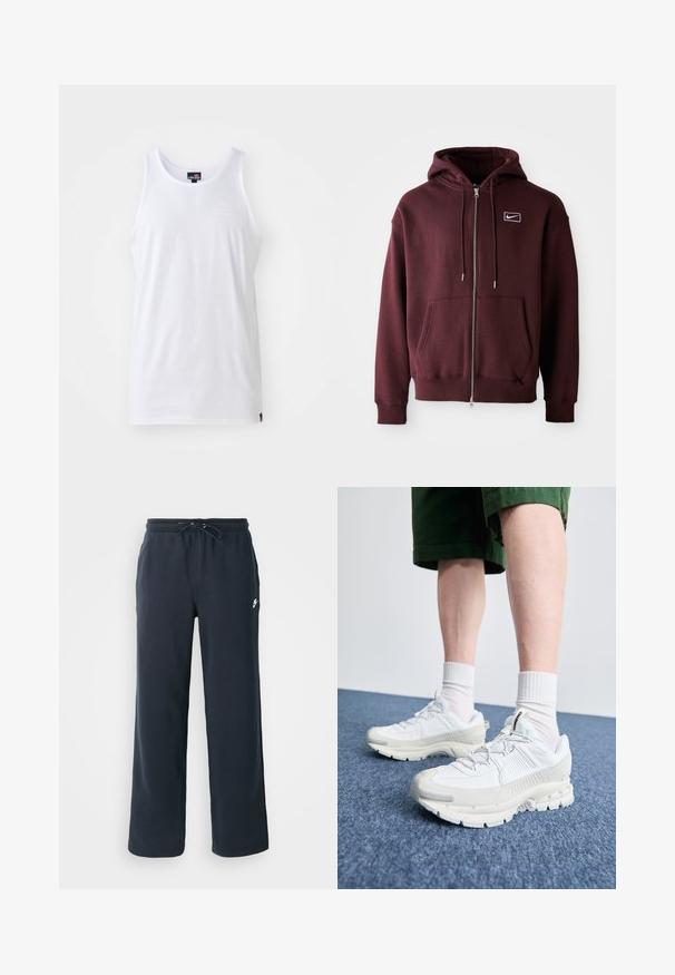 Maroon zip-up hoodie made of cotton blend, featuring a front pocket, drawstring hood, and a small white logo on the chest.; Ellesse TOMIS  - Top - white; Dark navy sweatpants with an elastic waistband and drawstring. Made of soft fabric, featuring a small white logo on the left hip.; White athletic shoes with textured overlays, a chunky sole, and gray accents. Worn with white crew socks and green shorts on a blue surface.