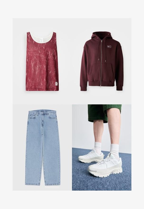 Felpa con zip color bordeaux realizzata in misto cotone, con tasca frontale, cappuccio con cordini e un piccolo logo bianco sul petto.; Canotta in rete rossa con un motivo leggermente sbiadito e usurato. Presenta un bordo bianco lungo il collo e le aperture per le braccia, e un piccolo etichetta con logo nella parte inferiore.; Jeans in denim azzurro chiaro con design a gamba dritta, caratterizzati da una vita media, cinque tasche e chiusura con bottone e zip.; Scarpe da ginnastica bianche con sovrapposizioni testurizzate, suola spessa e accenti grigi. Indossate con calze corte bianche e pantaloni corti verdi su una superficie blu.