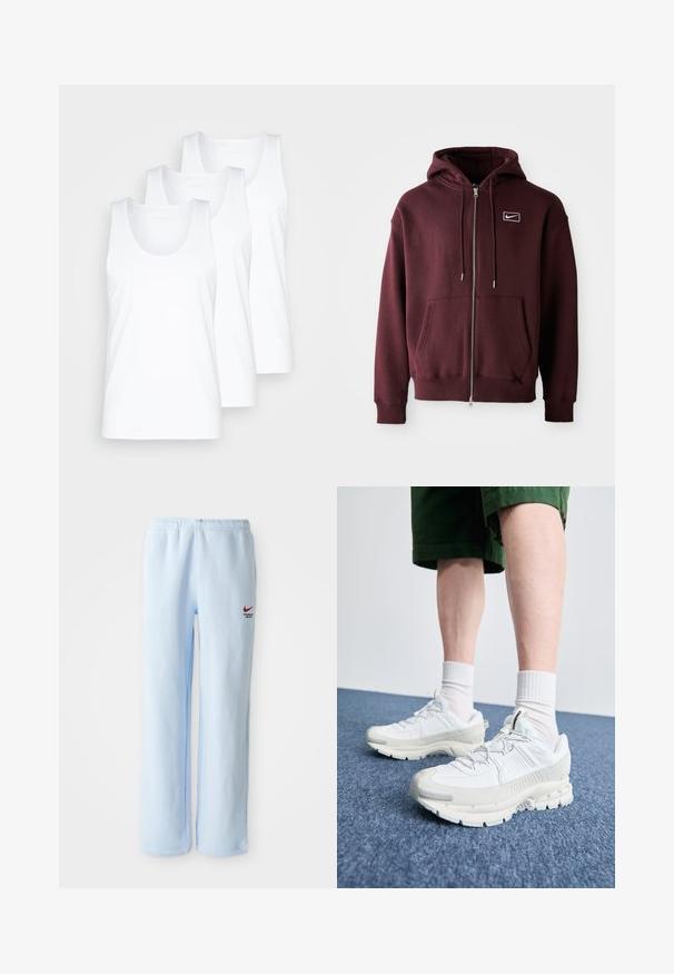 Maroon zip-up hoodie made of cotton blend, featuring a front pocket, drawstring hood, and a small white logo on the chest.; Three white cotton tank tops with round necklines and wide shoulder straps, displayed in a stacked arrangement, smooth texture, simple design.; Light blue sweatpants with an elastic waistband, featuring a small red Nike logo and "Athletic Department" text. Soft cotton material.; White athletic shoes with textured overlays, a chunky sole, and gray accents. Worn with white crew socks and green shorts on a blue surface.