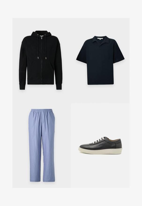 Haut à capuche noir zippé en tissu doux. Dispose d'une grande capuche, de poches avant et de cordons de serrage avec des embouts métalliques. Design simple.; Polo à manches courtes en marine, fabriqué dans un tissu texturé, avec un col et une coupe décontractée. Aucun logo ou motif visible.; Pantalon bleu clair à coupe fluide avec une taille élastique, deux poches latérales et des jambes droites. Fabriqué en tissu doux avec une texture lisse.; Basket en cuir noir avec une semelle en caoutchouc blanche, bout arrondi et lacets plats, présentant des détails de couture sur les côtés et un logo subtil.