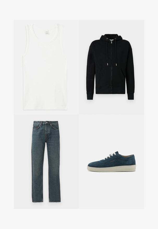Zwarte zip-up hoodie gemaakt van zachte stof. Beschikt over een grote capuchon, voorzakken en koordjes met metalen punten. Eenvoudig ontwerp.; Witte katoenen tanktop met een ronde halslijn en mouwloos ontwerp. Glad textuur en rechte snit, zonder patronen of versieringen.; Donkerblauwe denim jeans met een rechte pijp, voorzien van vijf zakken, een knoopsluiting en contrasterende stiksels.; Blauwe leren sneakertjes met een ronde neus, witte veters en een rubberen zool. Beschikt over subtiele stiksels en een merkaccent aan de zijkant.