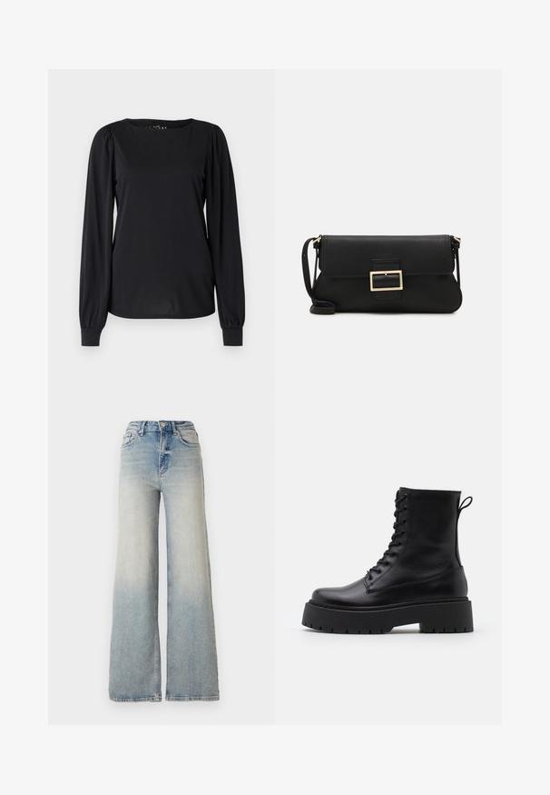 Ilgas kardiganas su juodai pilku zebro raštu, atviru priekiniu dizainu, pagamintas iš minkštos, tekstūruotos medžiagos su ilgomis rankovėmis.; Juodas ilgomis rankovėmis megztinis, pagamintas iš lygaus audinio, su apvaliomis iškirptėmis ir raukiniais pečių ir rankogalių srityse.; Šviesiai mėlynus plačius džinsus, pagamintus iš džinsinio audinio, su aukštu liemeniu, penkiomis kišenėmis ir matomais siūlėmis.; Juodos odinės aulinukės su apvalia nosimi, raišteliais priekyje ir storesniu guminio pado apačioje su tekstūruotu raštu. Priekyje yra kilputė.; Juodas odinis dėkliukas su atvarteliu ir auksinės metalinės sagties detalėmis. Įeina juodas diržas ir elegantiškas, minimalistinis dizainas.; Aukso spalvos žiedo auskarai, ploni ir apvalūs, su lygiu metaliniu paviršiumi be papuošimų ar raštų.