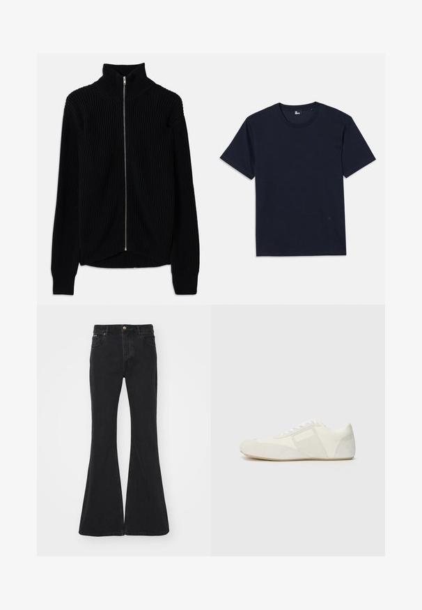 Musta ribattu pusero korkealla kauluksella ja täysipitkällä vetoketjulla. Materiaalina teksturoitu kangas ja kevyesti kaareva helma, joka tuo kerroksellista ilmettä.; Laivansinisestä puuvillasta valmistettu t-paita, jossa on lyhyet hihat, pyöreä kaula-aukko ja minimaliset ompeluyksityiskohdat. Yksinkertainen muotoilu ilman näkyviä kuvioita tai korostuksia.; EYTYS CYRUS RAVEN - Flared-farkut - black; Valkoinen urheilujalkine, jossa on sulavalinjainen muotoilu, sisältäen mokkanahkaisen varvastupsun, nahkapaneeleja ja kontrastisia teksturoituja yksityiskohtia. Tasainen kumipohja.
