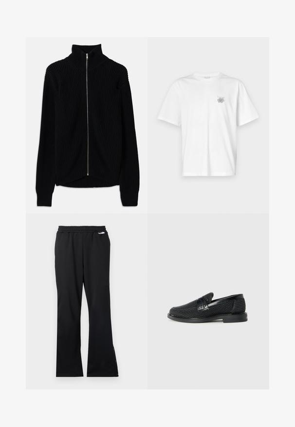 Schwarzer gerippter Pullover mit hohem Kragen und vollem Reißverschluss. Verfügt über einen strukturierten Stoff und einen leicht abgerundeten Saum für einen geschichteten Look.; Weißes T-Shirt aus Baumwolle mit kurzen Ärmeln, Rundhalsausschnitt und kleinem grauen Logo auf der linken Brustseite. Glatte Textur.; Schwarze Sporthosen aus strukturiertem Stoff, mit elastischem Bund und Knöpfen am Knöchel für eine verstellbare Passform. Flacher Bund und gerade Beine.; Schwarzer geflochtener Slipper mit einem glatten Lederakzent im Obermaterial, einem runden Zehendesign und einer flachen Gummisohle.