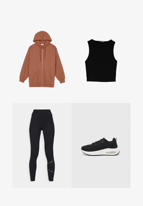 Hnedá zipová mikina vyrobená z jemného materiálu. Obsahuje kapucňu, šnúrky, dve predné vrecká a rebrované manžety a lem.; Čierny bezrukávový crop top vyrobený z hladkej tkaniny, so zaobleným výstrihom a čistým, jednoduchým dizajnom bez vzorov alebo kovania.; ONLY Play ONPCROSS LIFE LEG - Legíny - black; Čierne športové tenisky s textúrovaným pleteným zvrškom, bielou medzipodrážkou a viditeľným detailom vzduchového odpruženia. Vybavené čiernymi šnúrkami a pútkom.