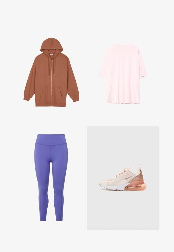 Bruine zip-up hoodie gemaakt van zacht stof. Kenmerkt zich door een capuchon, trekkoorden, twee voorkruiszakken en ribgebreide boorden en onderkant.; Lichtroze oversized T-shirt van zachte katoen. Ronde halslijn, korte mouwen en een iets langere achterkant. Geen zichtbare patronen of accenten.; Paarse leggings gemaakt van rekbaar materiaal met een hoge tailleband, voorzien van platte naden en een aansluitend ontwerp langs de benen.; Lichtroze sport sneaker met een textuur bovenkant, mesh panelen en een zichtbare luchtkusseneenheid in de zool. Witte en perzikkleurige accenten zijn aanwezig.