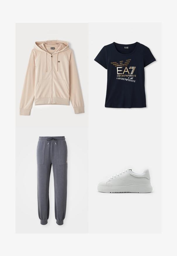 Bežová mikina na zips s kapucňou. Obsahuje raglánové rukávy, predné vrecká a malé logo na hrudi. Mäkká, hladká látka s elastickými manžetami.; Námornícky modré tričko s krátkym rukávom vyrobené z bavlny, s metalickým zlatým grafickým logom a textom a štýlovými akcentmi orlieho krídla.; Šedé jogger nohavice vyrobené z mäkkého materiálu, s elastickým pásom a šnúrkou na stiahnutie, dvoma prednými vreckami a zúženými manžetami na členkoch.; Biele tenisky s texturovaným koženým zvrškom, okrúlymi špičkami a viazaním. Hrubá biela gumová podrážka s textúrovaným gripovým vzorom.