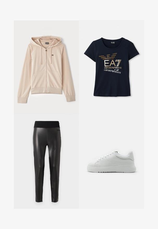 Bežna zip-up kapuca s kapuco. Ima raglan rukave, prednje dzepove in majhen logotip na prsih. Mehka, gladka tkanina z elastikami na konicah rokavov.; Mornarsko modra majica s kratkimi rokavi iz bombaža, ki ima metalno zlato grafično logotip s tekstom in stiliziranimi detajli ptičjih kril.; Črne hlače iz umetnega usnja z elegantenim dizajnom, ki imajo širok elastičen pas in zadrge na konicah za prilagodljivo prileganje.; Bele tene jaha z višezložno usnje, okroglim nosom in vezalnim dizajnom. Debel beli gumijast podplat z teksturiranim oprijemnim vzorcem.