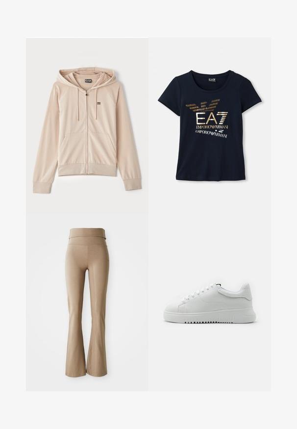 Beige zip-hoody med hette. Har raglanermer, frontlommer og en liten logo på brystet. Mykt, jevnt stoff med elastiske mansjetter.; Mørkeblå t-skjorte med kort erm laget av bomull, med et metallisk gull grafisk logo med tekst og stiliserte ørnevinge-accents.; Beige vide leggings laget av elastisk stoff; har en bred, sammenleggbar midjebånd og subtile sømdetaljer. Glatt tekstur, tettsittende design.; Hvite joggesko med en strukturert skinnoverdel, rund tå og snøring. Tykkt hvitt gummisåle med gripestruktur.