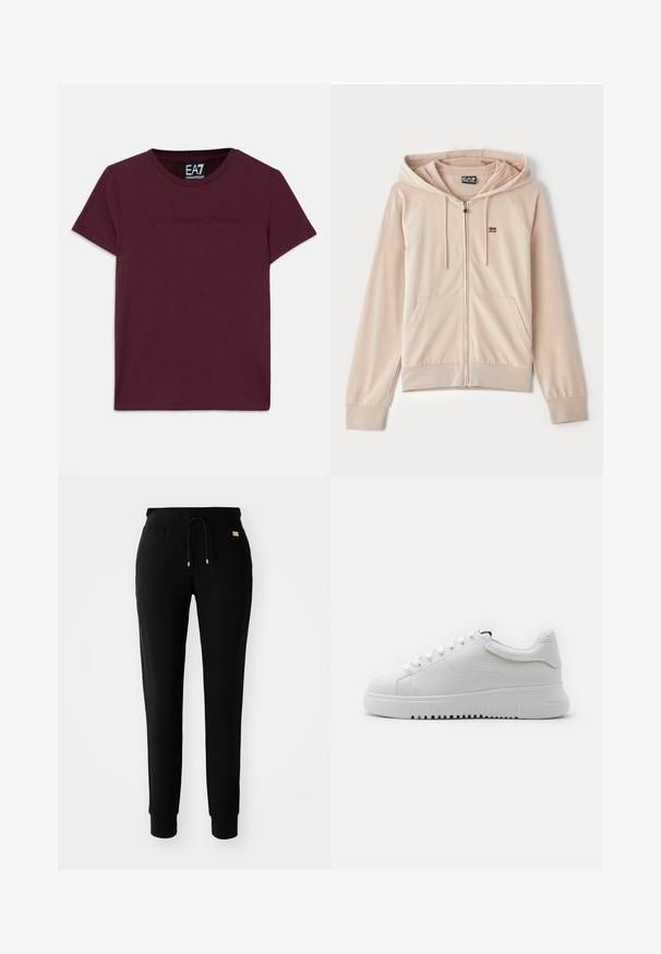 Kreminė užtrauktuku užsegama džemperis su gobtuvu. Yra raglan stiliaus rankovės, priekiniai kišeniai ir mažas logotipas ant krūtinės. Minkšta, lygi medžiaga su elastingomis rankovėmis.; Burgundiška medvilnės marškinėliai su trumpomis rankovėmis, apvaliu iškirpimu ir ant priekinės dalies išsiuvinėtu EA7 Emporio Armani logotipu. Klasikinis kirpimas.; Juodos sportinės kelnės su raišteliu juosmenyje ir apkarpytais kulnais, pateiktos ant baltos fono.; Balti sportbačiai su tekstūruota odine viršūne, apvaliu pirštu ir raištelių dizainu. Storas baltas guminis padas su tekstūruota sukibimo raštu.